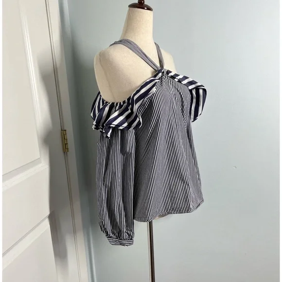 J. Crew Ruffles Off Shoulder Tie Neck blue stripes Top size 2 - Picture 4 of 8